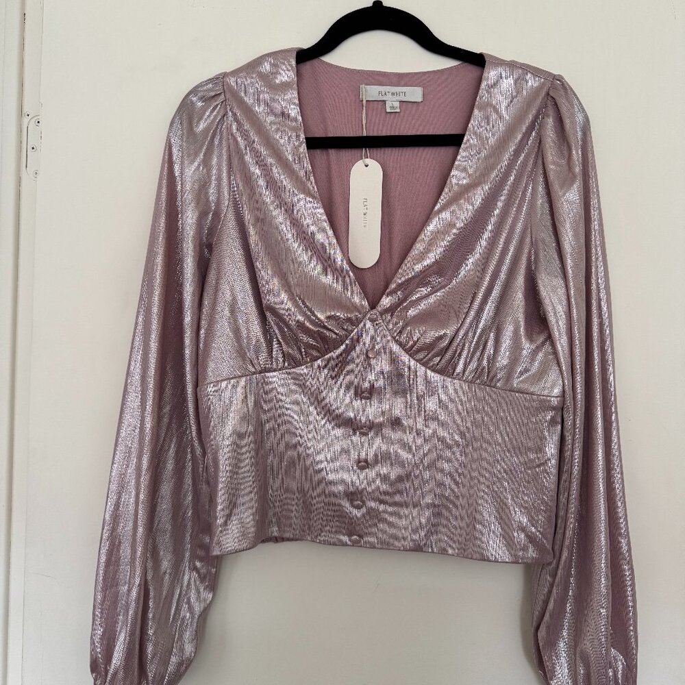 Anthropologie Metallic Flat White Liquid Shine V Blouse Size L - Never Worn!